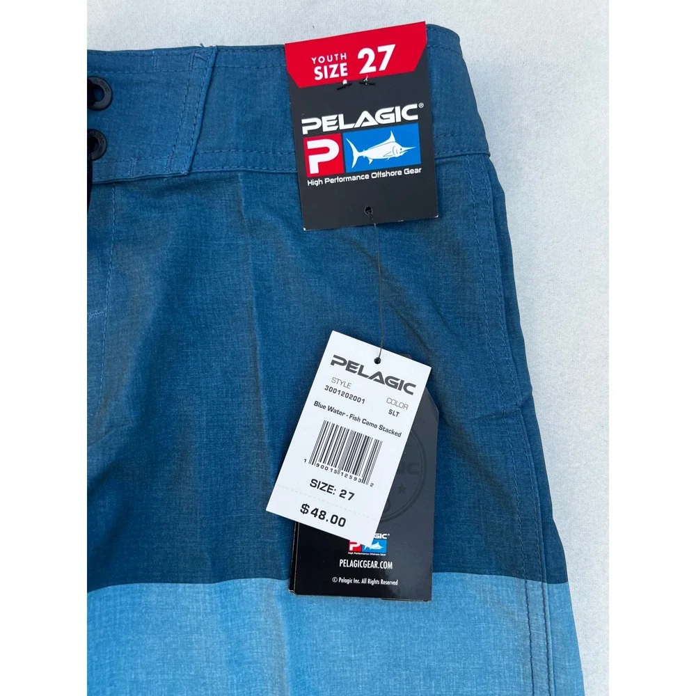 Pelagic Youth Size 27 Board‎ Shorts Blue Water Fish Camo Stacked Surf Trunks